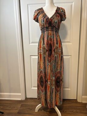 Smocked Waist Multicolor Paisley Maxi Dress